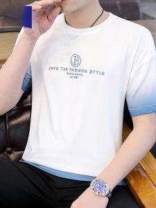 ROMON | Lomond Mens Ice Silk Short Sleeve T-Shirt Summer Thin Gradient Color Print Round Neck Casual Half Sleeve Youth Fashion Top