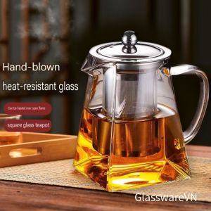 Ấm Trà Đáy Vuông Thủy Tinh Borosilicate Chịu Nhiệt Lõi Lọc Inox 304 Dung Tích 950ml Decor