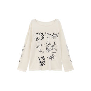 Lazy Girl Kitty Print Long Sleeve T-Shirt Womens Loose Sun Protection Casual Korean Style Cartoon Top Comfortable Cotton Blend