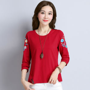 Womens Pure Cotton Long Sleeve T-Shirt Spring Autumn Loose Base Shirt Top Outerwear Versatile for Middle-Aged Mothers