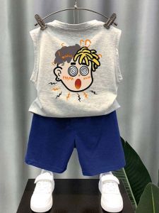 Bộ Đồ Hai Mảnh Không Tay Mùa Hè Cho Bé Trai Áo Vest Trẻ Em Phong Cách Mùa Hè Thoáng Khí Thoải Mái Vải Cotton 95% Dành Cho Bé Trai