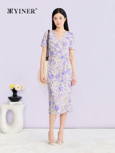 YINER | Summer New Elegance V-Neck Vacation Style Artistic Print Tie Waist Dress