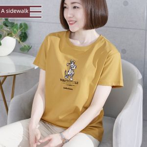 Loose Short Sleeve T-Shirt Womens Korean Style round Neck Letter Embroidery Flower White Versatile Summer Top plus Size