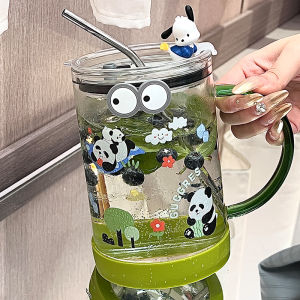 Large Capacity 1000ml Glass Cup with Straw for Drinking Water And Milk Cover Ins Cartoon Print High Borosilicate Glass Cup