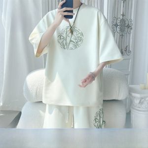 ROMON | Lormen Mens Ice Silk Set Summer Thin Casual Loose Sporty Short Sleeve T-Shirt And Shorts Polyester Fiber Large Size Leisure Wear