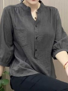 Áo Sơ Mi Nữ Cổ Chữ V Tay Lửng Rộng Rãi Màu Trơn Thời Trang Thu Đông Thường Ngày Bằng Polyester Áo Sơ Mi Công Sở Phong Cách Hàn Quốc