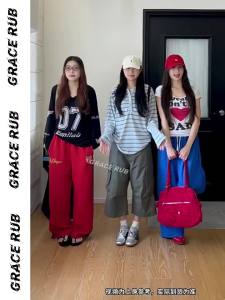 Grace Rub | Red Emblem Embroidery Retro Street Style Jazz Dance Sporty Casual Pants