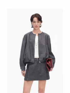 Plaid Grey Loose Casual Spring Jacket Skirt Set