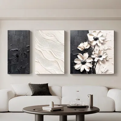 Modern Minimalist Black White Living Room Decorative Artwork Abstract Texture Three-Panel Sofa Background Wall Painting