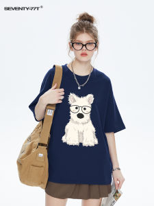 Summer New Loose Casual Blue T-shirt Womens Short Sleeve Plush Glasses Dog Design Sense Small Audience Cotton round Neck Top