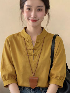 Mandarin Collar Loose Slim Fit Womens Short Sleeve Shirt