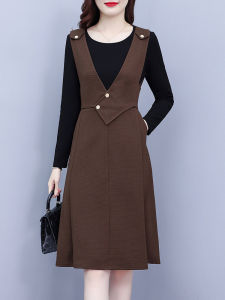 Classy Plus Size Ladies Plus Size Womens Clothing Fake Two-Piece Dress Fall and Winter New Arrival plus Size Waist Fitted Figure Flattering Long Sleeve Skirt Elegant