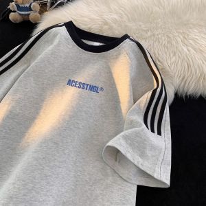 American Style High Street Striped Short Sleeve Cotton T-Shirt Mens Summer New Heavyweight Loose Fit Youthful Brand Casual Wear