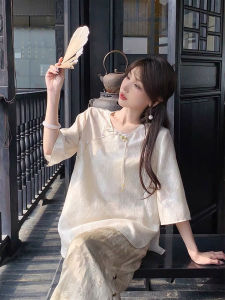 YUFUQING | New Chinese Style Retro Round Neck Mid Sleeve Asymmetrical Shirt Women Summer Loose Fashionable Young-looking Top