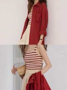Dopamine Red Striped Vest Strap Womens Outdoor Wear Summer New Unique Beautiful Sleeveless Top U-neck Commute Style Slim Fit