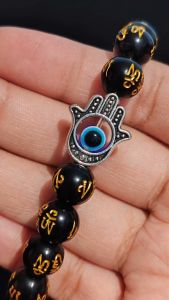 Black Mantra with "HAMSA" Hand of fatima lucky charm elastic bracelet / feng shui 2024