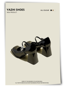 รองเท้าส้นสูง Mary Jane ผู้หญิง หนัง รองเท้าส้นหนาแบบสวมประดับเพชรนิ้วเท้ากลม ทันสมัย รองเท้าวิทยาลัย