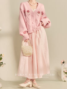 High Waist Pink Bloom Skirt Elegant Gentle Fashionable Womens Midi Skirt Polyester Fiber City Walk A-Line Slim Fit Style