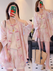 Shalldoer | New Chinese Style Fashionable Printed Shirt And Short Pants Two-Piece Set For Women Summer 2025 Round Neck Button-Up Clothing