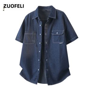 ZUOFEILI | American Workwear Denim Short Sleeve Loose Washed Retro Casual Shirt