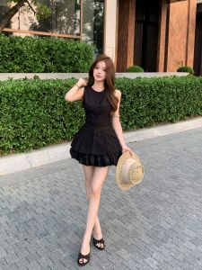 VKSOD | Stylish Slim Fit Black Vest And Short Skirt Two Piece Set Womens Fashion Summer Outfit Casual Style No Sleeve Button Up