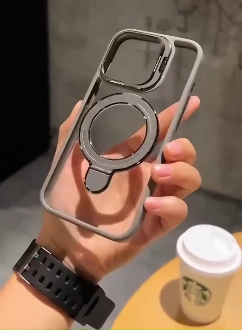 Magsafe Stand Case iPhone 11 12 13 14 15 pro max 16 plus 2 IN 1 Shockproof Silicone Bumper Casing iPhone 11 12 13 14 15 16 plus pro max same color lens protective film Foldable Full Metal Magnetic Holder