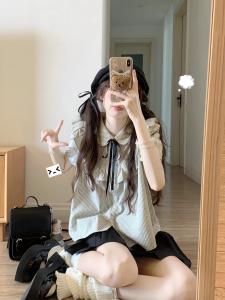 Preppy Style Stripes Ruffles Puff Sleeve Shirt Female Early Autumn Sweet Stylish Small Man Slimming Short Top