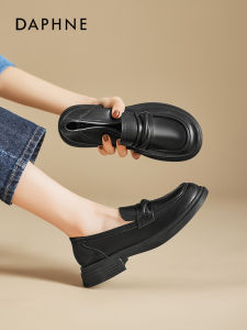 Daphne Womens Flats Soft Bottom Thick Heel British Style Black Leather Easy Wear Comfortable Footbed Fashionable Casual Shoes