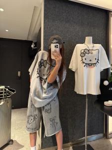 Gray Wide Leg Pants Womens Loose Summer Casual Sporty Sweatpants Cartoon Kitty Cat Graffiti High Waist Comfortable Trousers