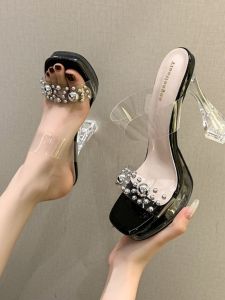 Car Show Chunky Heel Rhinestone Sandals 13cm High Heel Slippers Waterproof Platform Transparent Crystal Catwalk Show High Heel Platform Shoes Womens Shoes