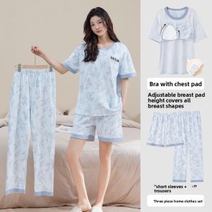 MiiOW | Pure Cotton Womens Sleepwear Set With Chest Pad Short Sleeve Long Pants Three Piece Outfit Home Clothes Breathable Comfortable
