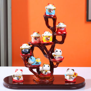 Creative Ceramic Money Tree Cat Figurine POS Decoration Living Room Home Decor Business Opening Wealth Attracting Cat Decoration