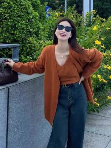 Loose V-Neck Knitted Open Cardigan Top Womens Style Early Autumn Long Sleeve Solid Color Korean Version Two-Piece Set
