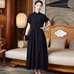 Xiyuefeng Silk Cheongsam Dress Black Chinese Style Summer Long Skirt Renovated Traditional Woven  Silk Womens Dress
