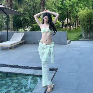 Womens Floral Bikini Three-Piece Swimming Suit Vacation Onsen Slimming Long Skirt Separate Style Beachwear Summer Fun