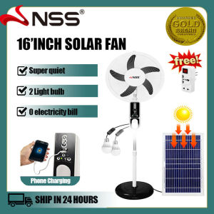 Nss 16Inch Solar Fan Solar Stand fan with Solar Panel Night Light Dual Power Solar Electric Fan Solar Electric Fan  Rechargeable Fan 2 Free LED Light AC Stand Electric Fan Outdoor Fan NS-F87