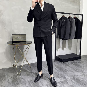 Chinese Style Button up Shirt Collar Slim Fit Mens Suit Jacket Fashionable Urban Casual Western Style Two Piece Set