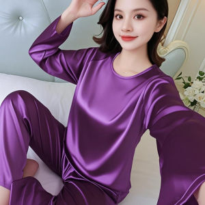 Áo Ngủ Lụa Băng Mùa Hè Cho Nữ Tay Dài Cổ Tròn Mỏng Thoải Mái Mặc Nhà Dài Quần Dài in Họa Tiết Ngọt Ngào