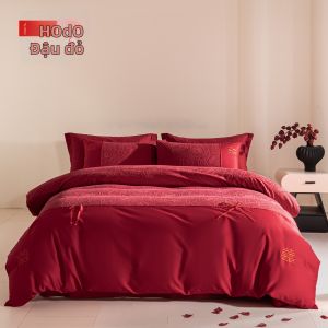 Hodo | Bộ Đồ Chăn Ga Gối Cao Cấp Jacquard Màu Đỏ Cotton Sợi Dài