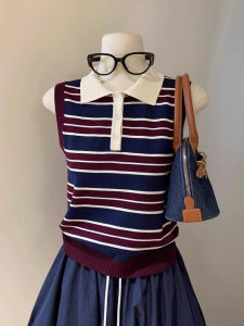chaqi | French Stripe Polo Neck Sleeveless Vest Women Summer Outdoor Wear Retro Fit Slimming Shoulder Top Casual Scène Girl