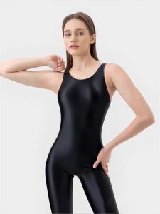 Womens Glossy See-through Shiny Shapewear Swimsuit Plus Size Sports Body Suit Vest Five-Point Pants Tights Oily Women