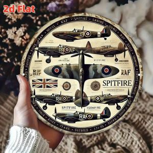 2D Flat Vintage WWII RAF Aircraft Wall Art - 20cm Round Aluminum Metal Sign with Spitfire Hurricane & Mosquito - Durable