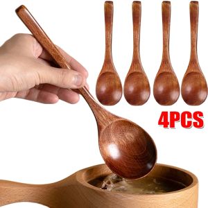 4Pcs Wooden Spoon Bamboo Kitchen Korean Style Natural Wood Soup Spoons Mirror Polishing Tableware Honey Coffee Dessert Spoons