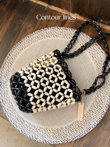 Contourlines Tote Bag Mini Beaded Summer Bucket Bag Casual Chic Versatile Womens Handbag Soft Handle No Zip Closure