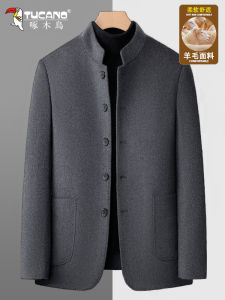 High-End Woodpecker Mens Wool Jacket Double-Faced Tweed Autumn Winter Chinese Style Stand Collar Business Outerwear Coat