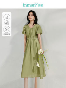 Summer New Womens U-neck Dress Belted Waist A-line Skirt Short Sleeve Floral Print Casual Style Lyocell Fiber Long Dress