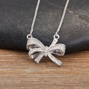 Bowknot Shape Charm Pendant Necklace For Women Fashion Elegant Clavicle Chain Copper Jewelry Birthday Wedding Gift