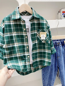 Classic Plaid Long Sleeve Brushed Cotton Shirt for Boys Spring Autumn Loose Fit Casual Style Childrens Clothing