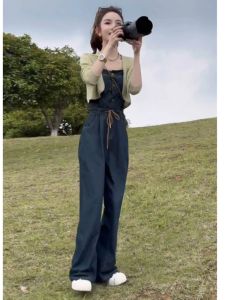 Retro Summer Denim Jumpsuit for Women with Bandolier Top and Thin Skirt Set Youthful Style Ideal for Parties