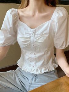 เสื้อแขนสั้นคอวีสไตล์ฝรั่งเศส ทรงเข้ารูป แขนพอง แฟชั่นฤดูใบไม้ผลิและฤดูร้อน 2024 เสื้อผ้าผู้หญิง แขนสั้น แขนยาว